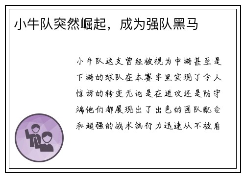小牛队突然崛起，成为强队黑马